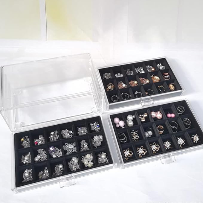 YUFONG Earring Organizer Box Acrylic Jewelry Organizer with 3 Drawers 54 Adjustable Grids Clear Stackable Earring Holder Velv