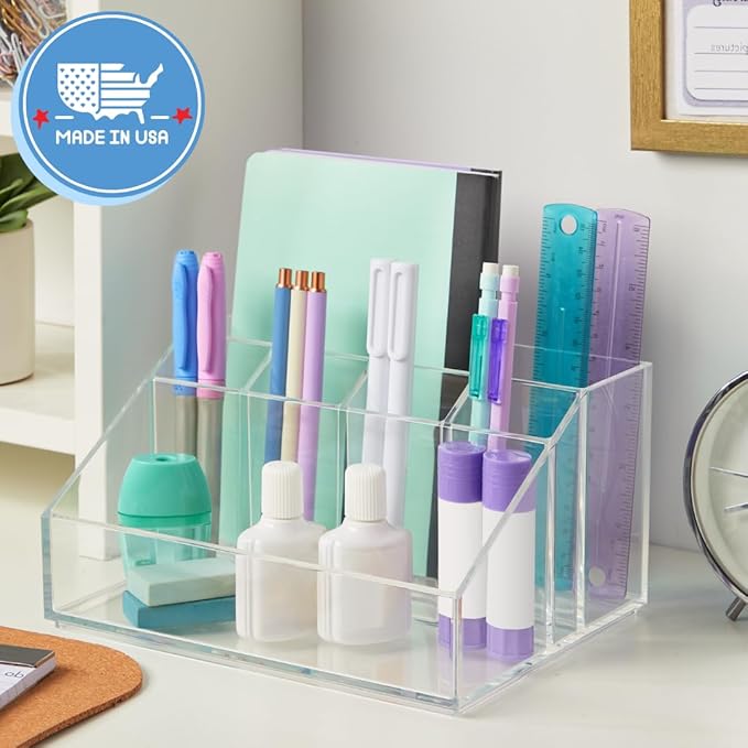 STORi Chloe Clear Plastic Stackable Desk Organizer, Rectangular 6-Compartment Office Supply Holder for Pens, Markers & Notepa