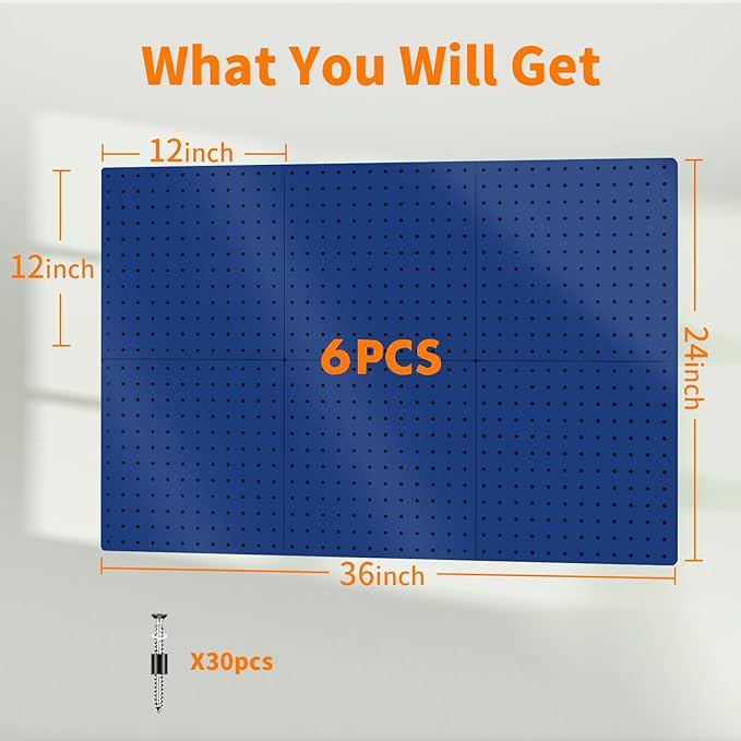 Peg Board, 6PCS Metal Pegboard, Heavy Duty Pegboard Wall Organizer with Frame. Pegboard for Walls, Garage, Workbench, Craft R