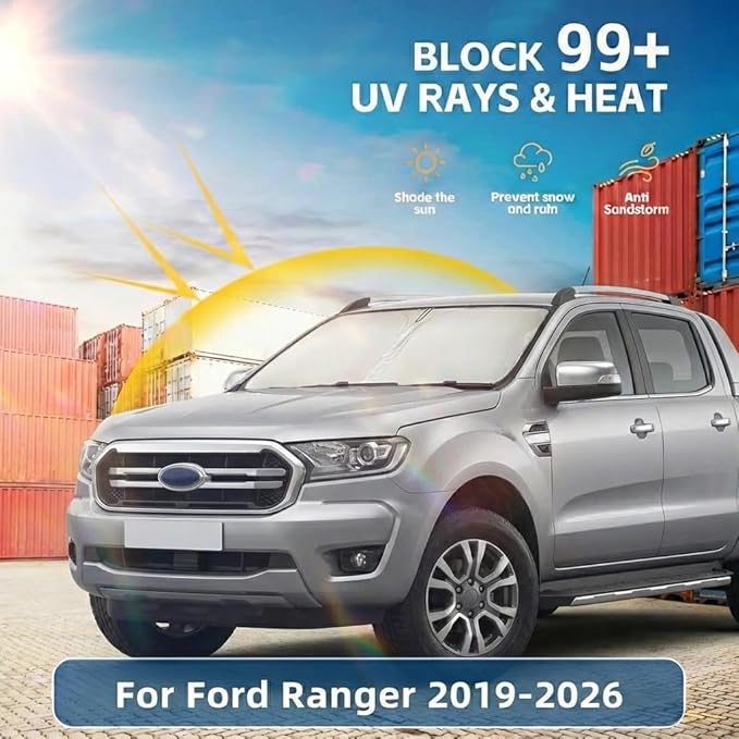 Windshield Sun Shade for Ford Ranger 2019-2024 2025 2026 Sunshade Front Window Shade Custom Fit Ranger Accessories Sun Visor Foldable Shade Blocks UV Rays Accessories