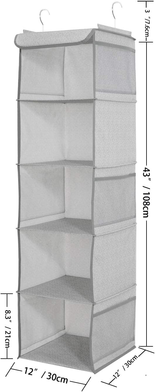 BrilliantJo 5 Shelves Hanging Closet Organizer, 2 Pack Hanging Storage with 6 Side Pockets for Clothes Bags, 43"x12"x12"(Ligh