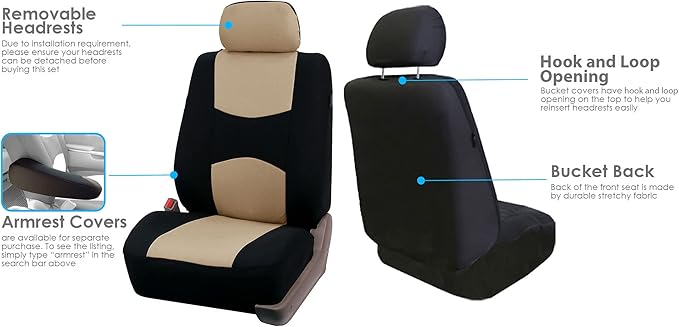 FH Group Car Seat Covers Flat Cloth Automotive Beige Full Set, Rear Solid Bench Universal Fit Combo Steering Wheel Cover & Seat Belt Pads Car Seat Protector for Cars Trucks SUV Interior Accessories