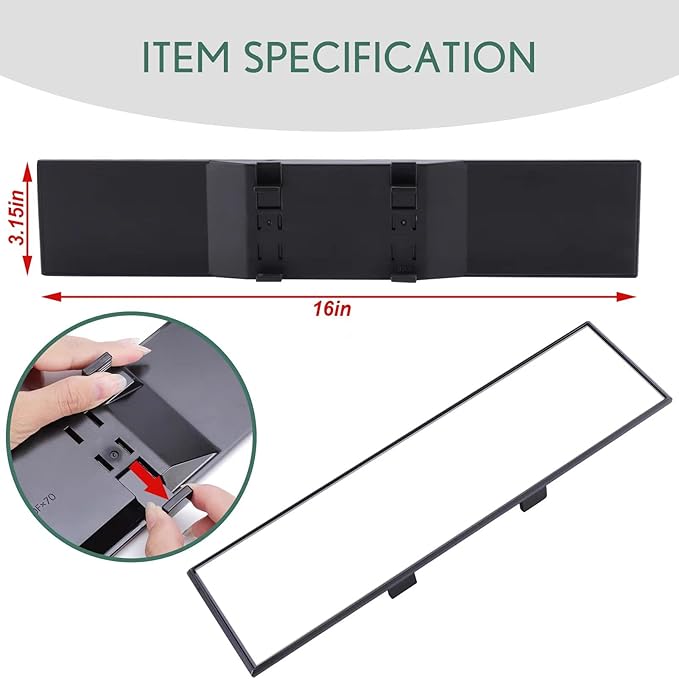 Universal Clip-on Wide Angle Mirror, Panoramic Flat HD Rearview Mirror, Anti-Glare, Clear Tint, Accessories for Car SUV Trucks Vehicles (16" x 3.15")