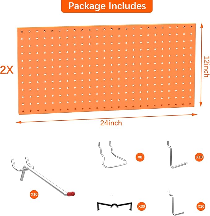 TORACK Metal Pegboard Wall Organizer 24" x 24" or 12" x 48", 70 PCS Tools Storage Pegboard for Garage, Modular Pegboard, Tool