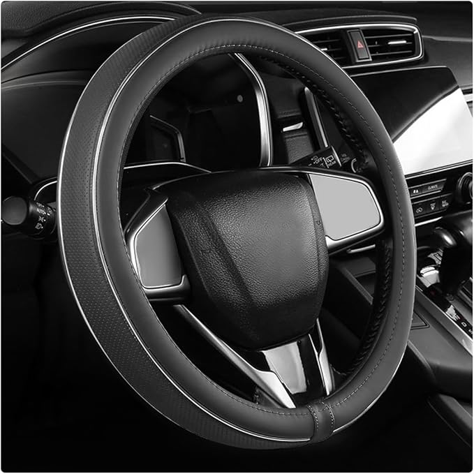 Yourkar Leather Steering Wheel Cover, Breathable Anti-Slip Car Steering Wheel Protector for Max Diameter 15 Inch, Universal A