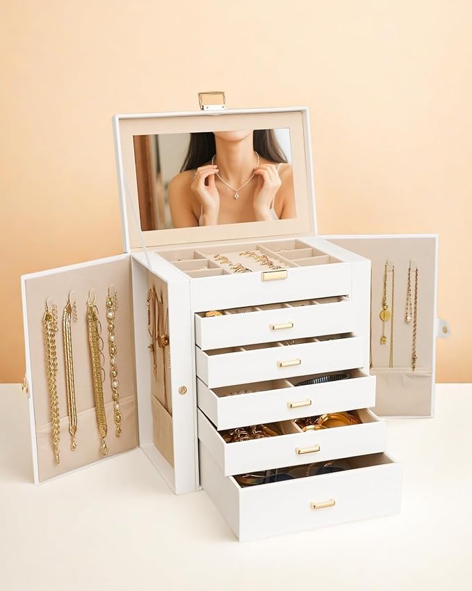 BOOVO Jewelry Box For women, 6 Layer Large Jewelry Organizer With Mirror, Multi-Function Storage Box With Lock, Necklace Hold