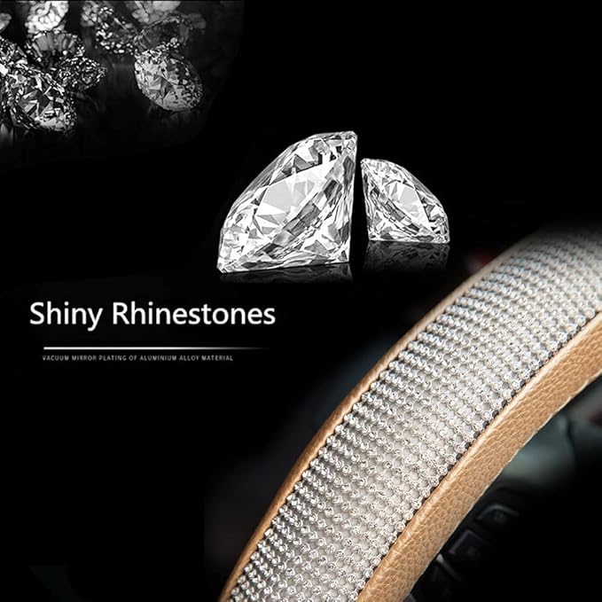 New Diamond Leather Steering Wheel Cover with Bling Bling Crystal Rhinestones, Universal Fit 15 Inch Car Wheel Protector for 