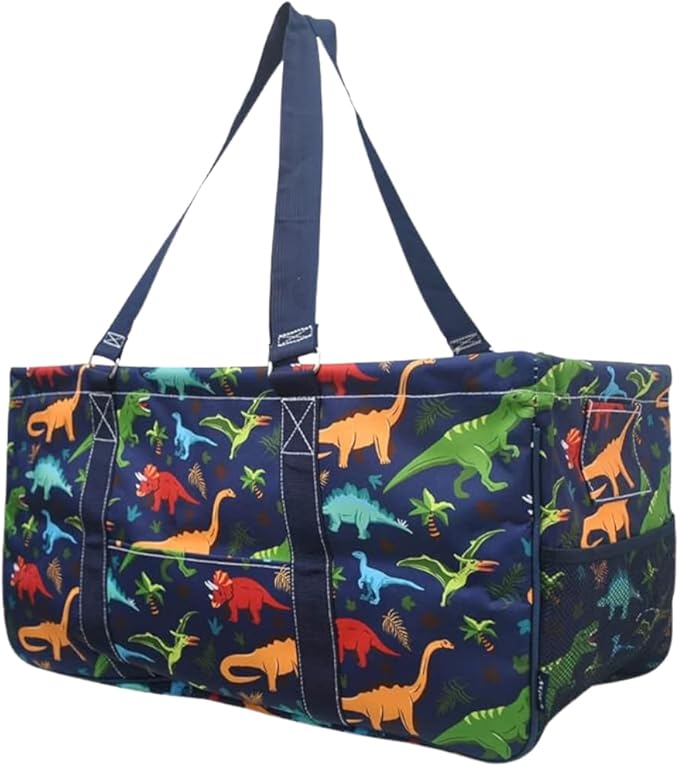 NGIL Extra Large Utility Tote Reusable Grocery Bag Oversized Collapsible for Groceries, Storage, Picnic, Beach (Dino World-Navy)