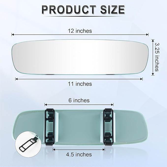 LivTee Rear View Mirror, Universal 12" (305mm) Wide-Angle Panoramic Convex Rearview Mirror with Clear Slim Frame, Strap-On Design Fits Original to Reduce Blind Spots for Cars SUVs Trucks