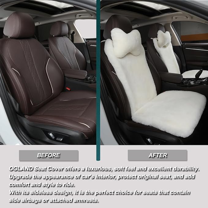 OGLAND 2 Pack Fluffy Fuzzy Fur Sheepskin Car Seat Covers for Universal Auto Plush Seat Cushion Accessories (White)