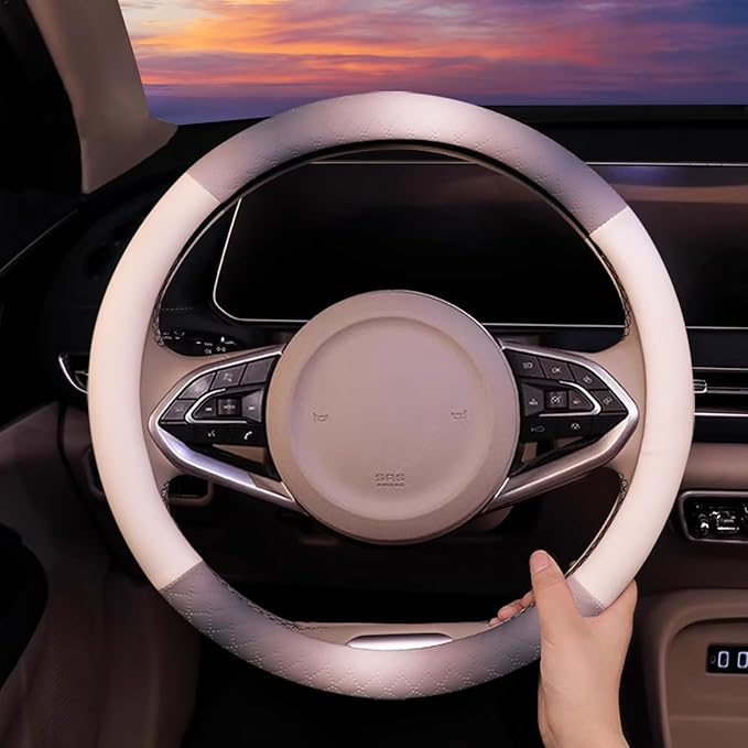 Steering Wheel Cover, Gray White Leather Steering Wheel Cover 14.5-15 Inch Non-Slip Breathable Microfiber Car Steering Wheel 