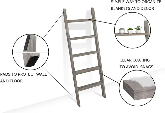 FUIN 5ft (58") Wood Blanket Ladder Living Room Decorative Wall Leaning Farmhouse Quilt Display Holder Shelf Rustic Wooden Tow