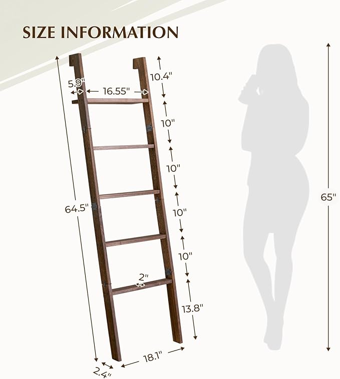 Blanket Ladder with Top Shelf, 5-Tier Wood 64” Decorative Ladder for Living Room Throws, Bedroom Quilt, Bathroom Towel & Toil