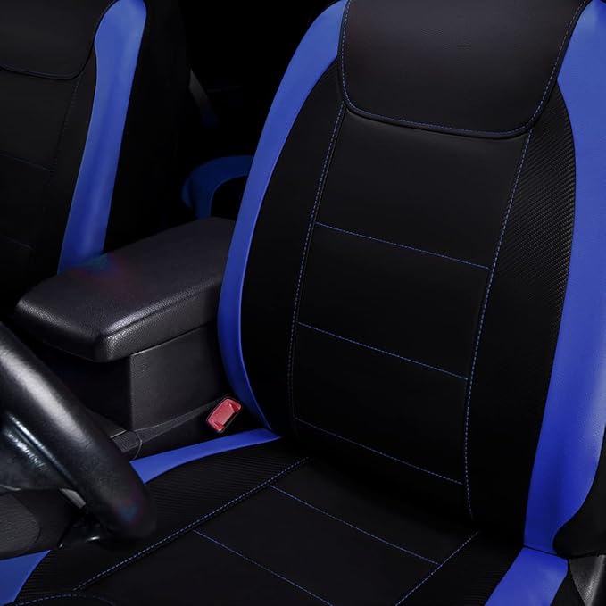 Flying Banner car seat Covers Protects Water Proof Faux Leather Carbon Fiber Front and Rear Bench (Blue Black, Full Set - 9PC