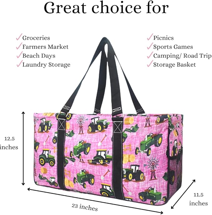 NGIL Extra Large Utility Tote Reusable Grocery Bag Oversized Collapsible for Groceries, Storage, Picnic, Beach (Tractor Farm-Black)