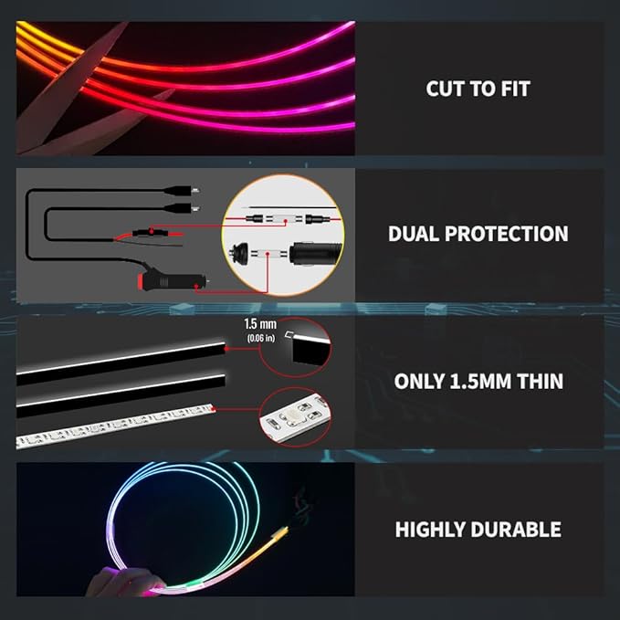 Ambient Lighting Car Led Lights Interior Kit,8 in 1 RGB Music Sync Acrylic Led Lights for Car Interior,234 inches DIY Fiber Optic Neon Accent Strip Ambiance Lighting with Wireless APP Remote