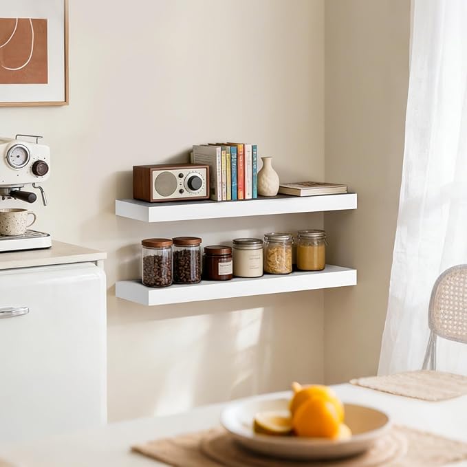 Floating Wall Shelves 24 x 6.8 x 1.7 Inch – Solid Wood Rustic Shelves in White Finish – Wall Mounted Display Shelf for Bathro