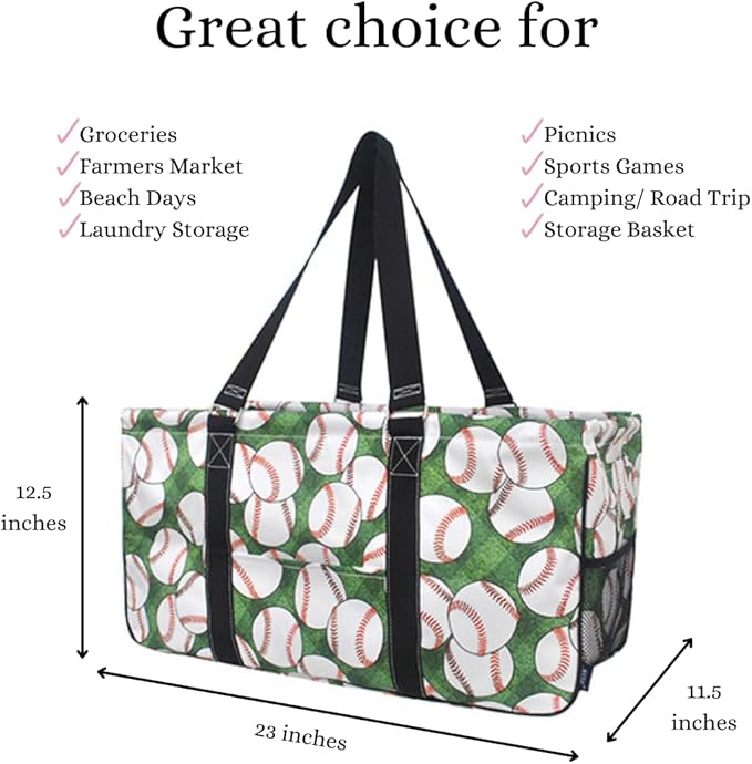 NGIL Extra Large Utility Tote Reusable Grocery Bag Oversized Collapsible for Groceries, Storage, Picnic, Beach (Baseball Field- Black)