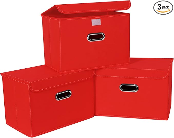 Linen Fabric Foldable Collapsible Storage Cube Bin Organizer Basket Fabric Storage Bins with Lid, Leather Handles, Removable 