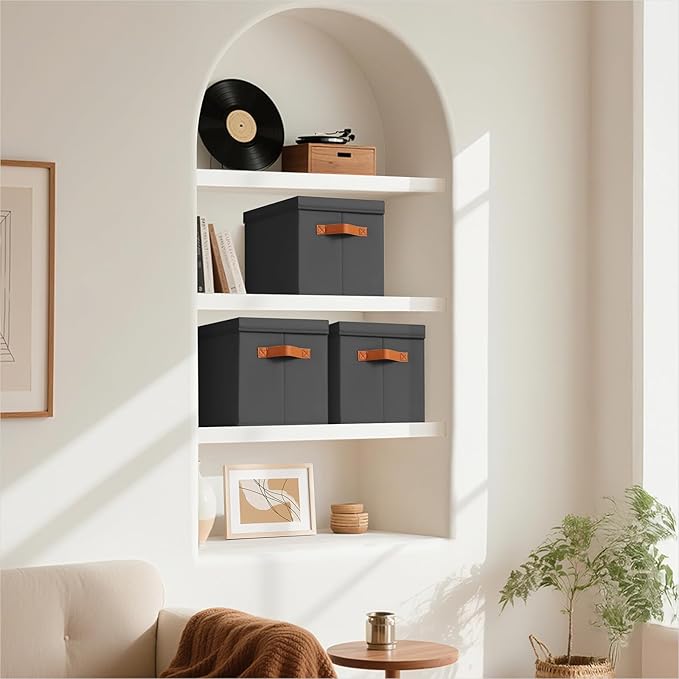 Homsorout Storage Bins with Lids - Fabric Storage Baskets for Shelves, 6 Pack Foldable Decorative Boxes with Handles, Stackab