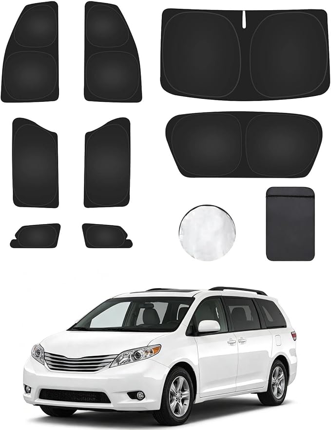 8PCS Window Shades for Toyota Sienna 2013-2018 Accessories – Full Coverage Sun Shade for Side Windows, Rear Triangular & Windshield – UV Protection & Privacy for Camping, Napping, Relaxing