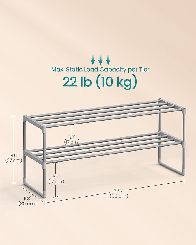 SONGMICS Shoe Rack, 2-Tier Shoe Organizer, Metal Storage Shelf, Upright or Upside Down, for 12-15 Pairs, Stackable, for Entry