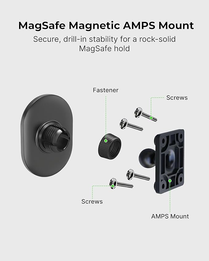 Magsafe Magnetic Car Cell Phone Holder with AMPS Mounting Plate - Fast Charging Phone Stand Compatible with MagSafe, iPhone, Samsung (Drill Base AMPS Plate)