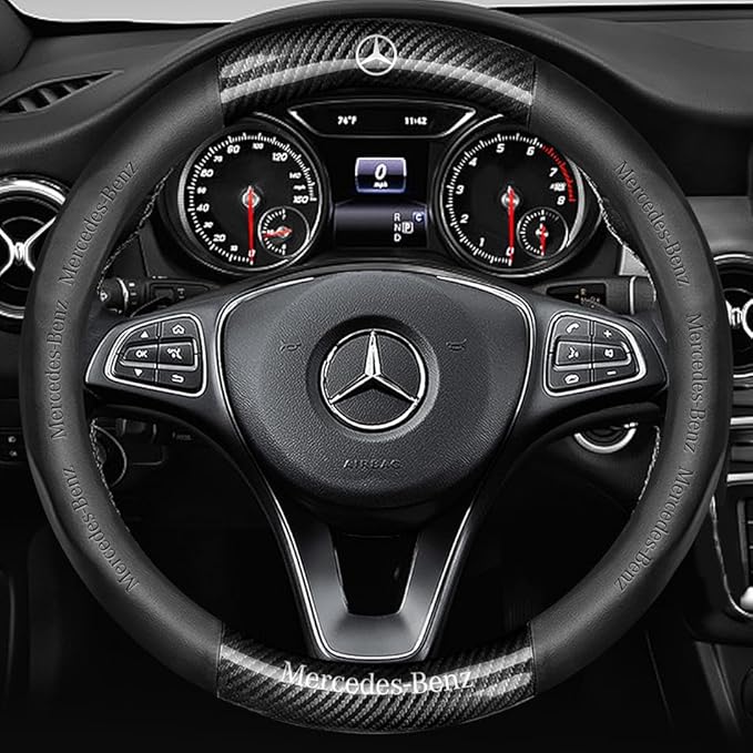 Customized Steering Wheel Cover Compatible with Mercedes-Benz, Premium Nappa Leather&Bright Carbon Fiber Texture Steering Wheel Cover, with Coasters and 3-in-1 USB Fast Charging Cable (Black)