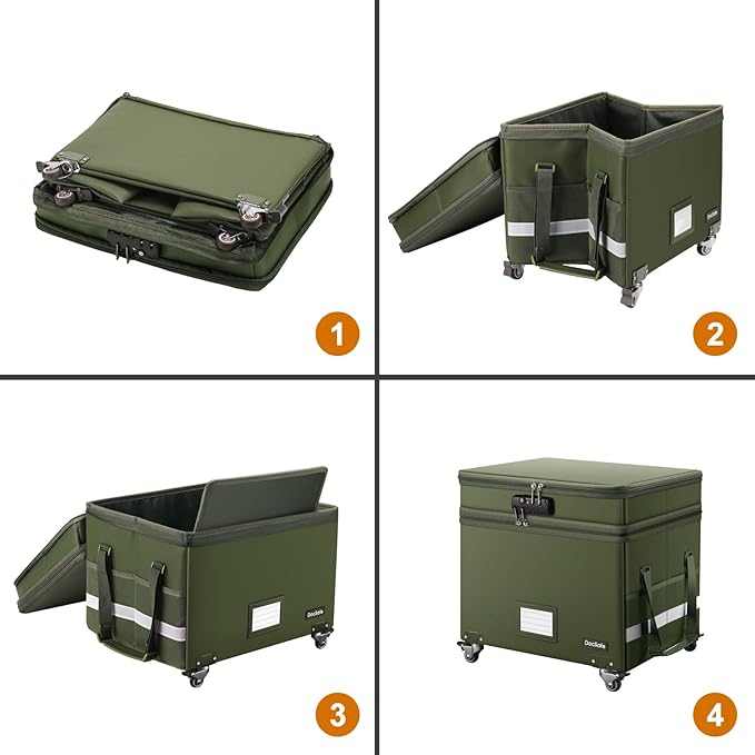 DocSafe File Box with Lock,2-Layer Fireproof Document Box with Wheels,Collapsible Rolling File Storage Organizer with Pockets