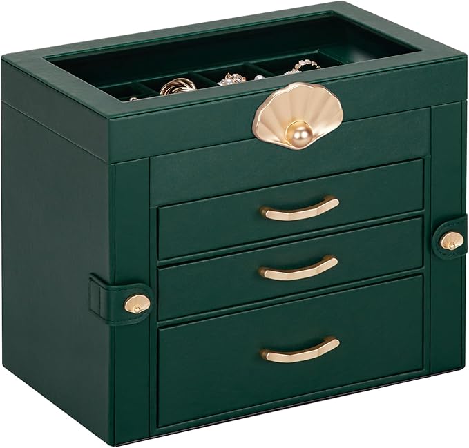 Enthralite Jewelry Box with 3 Drawers: Display Organizer for Earrings Necklaces - Gifts for Girls Women (Forest Green)