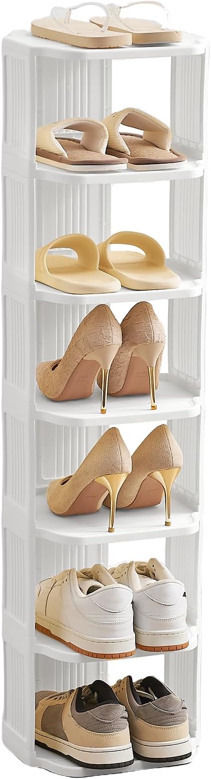 Small Shoe Rack, 7 Tier Plastic Vertical Shoe Rack for Small and Narrow Spaces, Free Standing Shoe Organizer for Closet, Entr