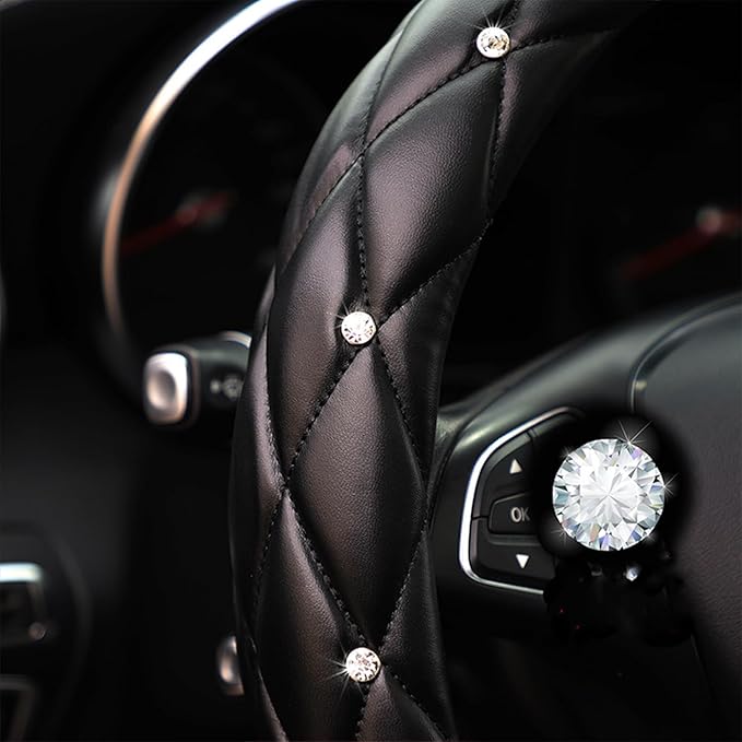 YOGURTCK Diamond Soft Leather Anti-Slip Steering Wheel Cover with Bling Bling Crystal Rhinestones, Universal 15 Inch for Wome