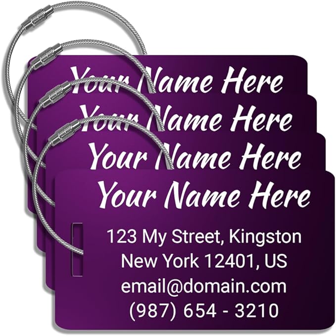 Customized Luggage Tags for Suitcases - Anodized Aluminum Luggage Tags - Laser Engraved Metal SuitcaseTags Pack of 4 (Purple,