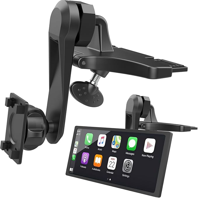CD Slot Car Mount for Portable CarPlay Screens with Extension Arm, Adjustable Angles, Low Profile, Integrated Mounting Solution for in-Car Android Display Monitors (4-Tab Bracket Mount)