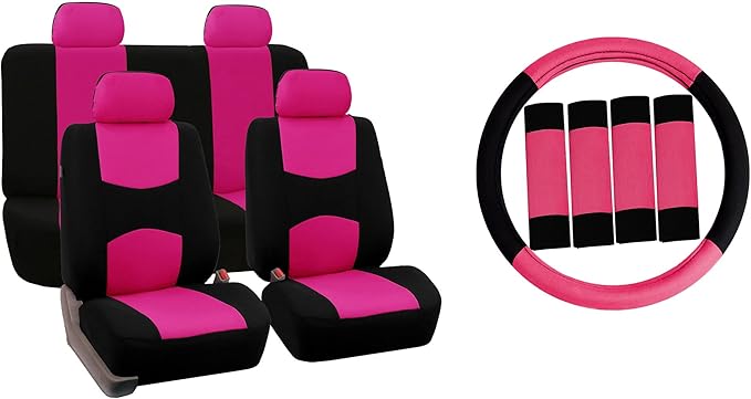 FH Group Car Seat Covers Flat Cloth Automotive Pink Full Set, Rear Solid Bench Universal Fit Combo Steering Wheel Cover & Seat Belt Pads Car Seat Protector for Cars Trucks SUV Interior Accessories