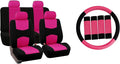 FH Group Car Seat Covers Flat Cloth Automotive Pink Full Set, Rear Solid Bench Universal Fit Combo Steering Wheel Cover & Seat Belt Pads Car Seat Protector for Cars Trucks SUV Interior Accessories