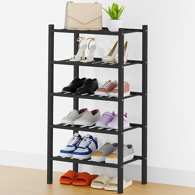 Smiry Shoe Rack, 5 Tier Thick Small Bamboo Shoe Organizer, Stackable Free Standing Wooden Shoe Storage Shelf for Closet, Entr