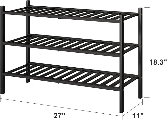 viewcare 3-Tier Black Bamboo Shoe Rack for Entryway, Stackable | Foldable | Natural, Shoe Shelf Storage Organizer for Hallway