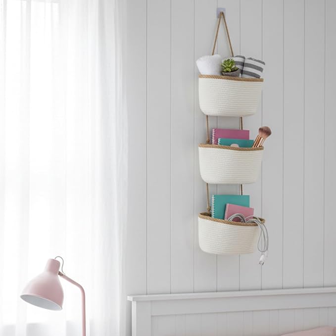 TeoKJ Over the Door Hanging Basket, 3-Tier Woven Cotton Wall-Mounted Storage Organizer Bag Decorative Hanging Nursery Baskets