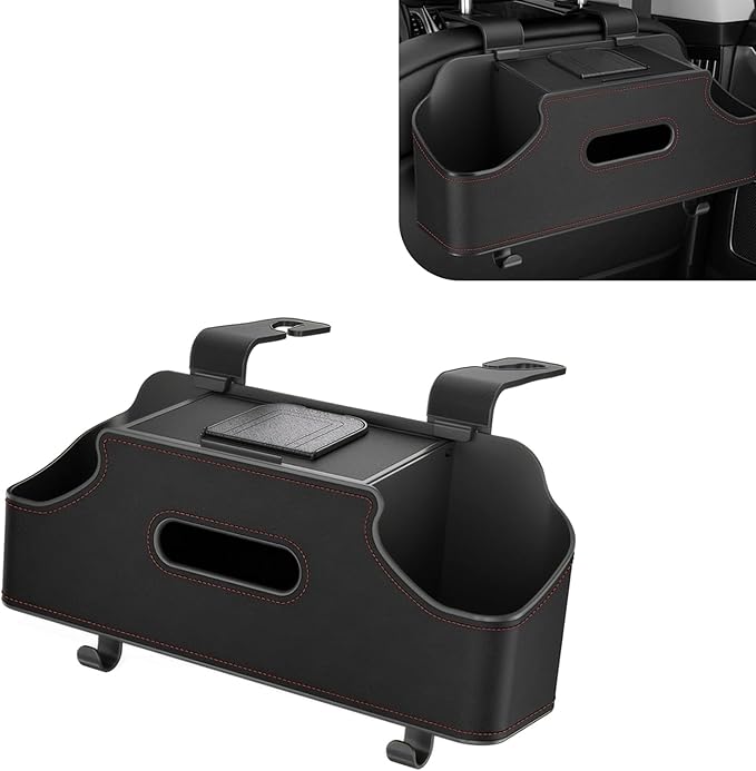 Car Seat Back Organizer, Multi-functional Storage Box for Tissue Water Cup Phone Umbrella Bag, Strong Load-bearing 2 Hooks 2 Drink Cup Holders, Universal Hanging Interior for Cars (Black)