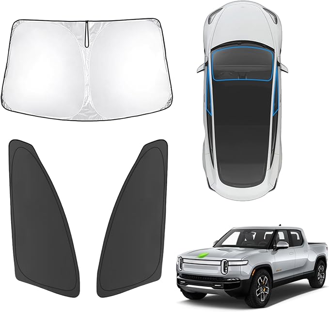 Karltys 3PCS Windshield Sun Shade for 2022-2025 Rivian R1T, Thickened Reflective Front and Side Window Sunshade Custom Fit Rivian R1T, Foldable Sun Visor UV Blocker Keeps Your Car Cool