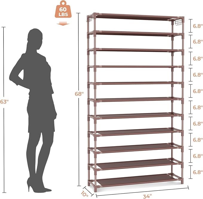 VILICK 11 Tiers Tall Wide Shoe Rack 55 Pairs Large Capacity Sturdy Durable Shoe Rack for Closet Metal Shoe Organizer Shelf wi