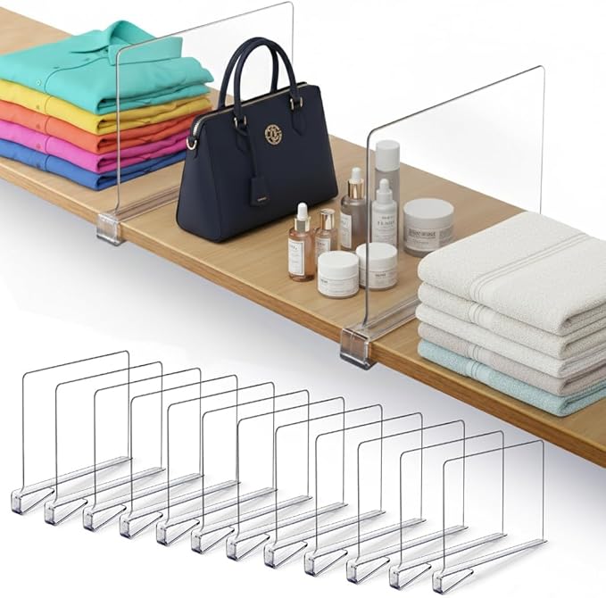 12 Pack Acrylic Shelf Dividers for Closet 11x7.9 Inch – Acrylic Dividers for Shelves Clear Closet Shelf Separators for Purses