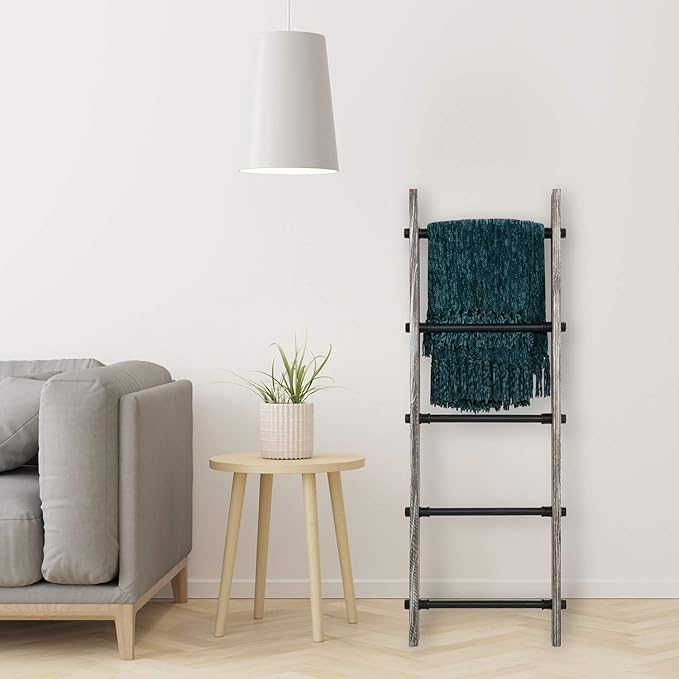 MyGift 4 Ft Torched Wood Farmhouse Blanket Ladder with 5 Matte Black Industrial Pipe Rungs, Wall Leaning Bathroom Towel Ladde