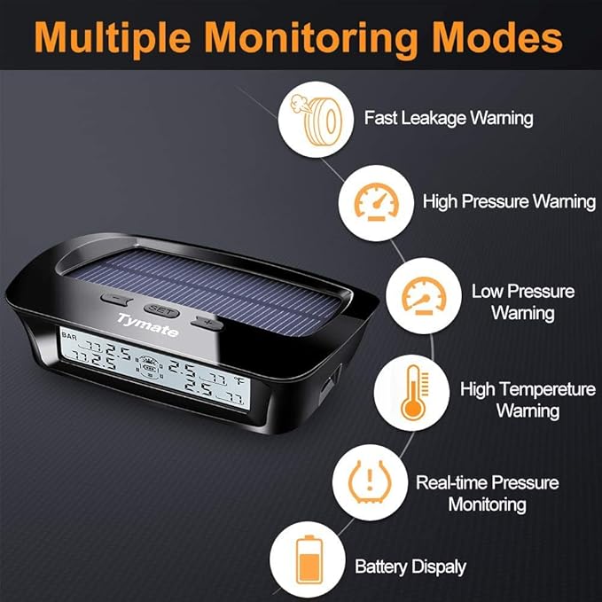 Tymate RV Tire Pressure Monitoring System - M12-3 Tire Pressure Monitor System (0-87 PSI) with Solar Charge, 5 Alarm Modes, Auto Sleep Mode, LCD Display, RV TPMS with 4 Sensors, Easy to Install