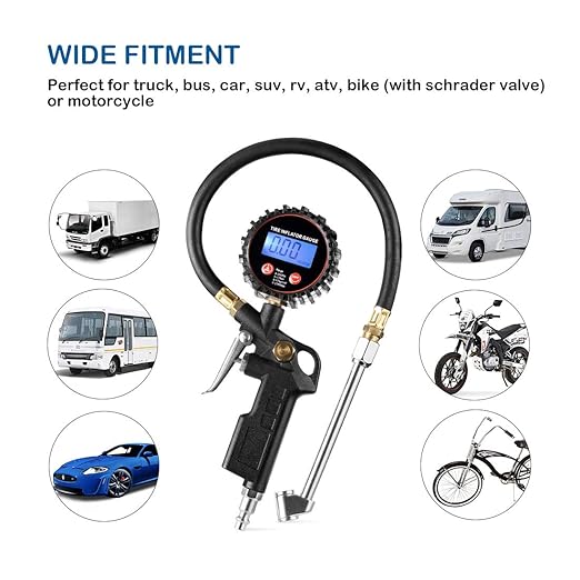 CZC AUTO Digital Tire Inflator Pressure Gauge, LED Display Tyre Deflator Gage with Dual Head Chuck Rubber Hose MNPT Fitting, Compatible with Air Pump Compressor for Truck RV Car Motorcycle Bike Bus