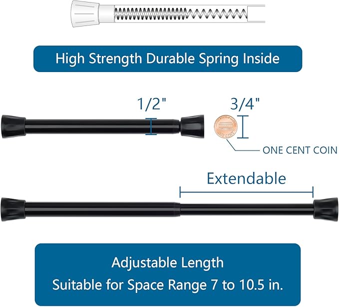 TYRON Small Tension Curtain Rod Adjustable 7 to 10.5 Inch, Short Mini Window Spring Curtain Rod, Suitable for kitchen, Front 