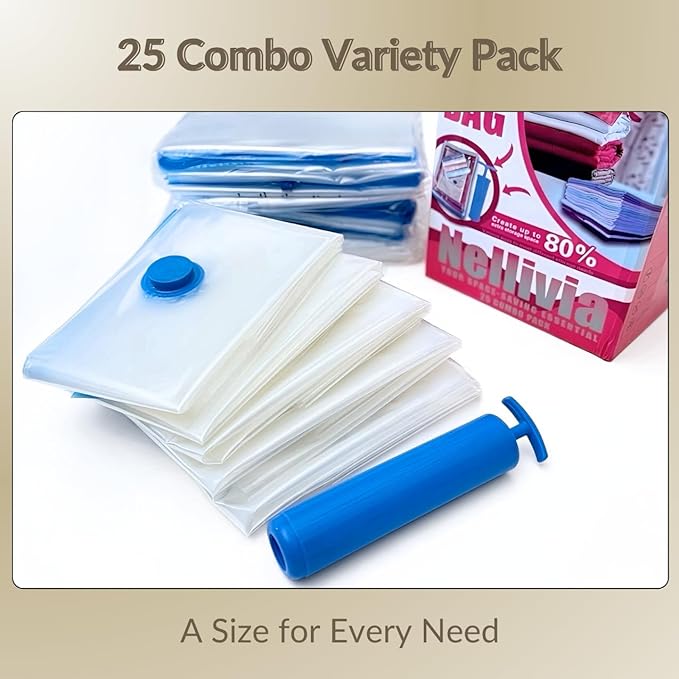 25 Pack Vacuum Storage Bags with Pump, Compression Space Saver for Comforter, Bedding, Blanket Storage, Vacuum Seal Bags for 