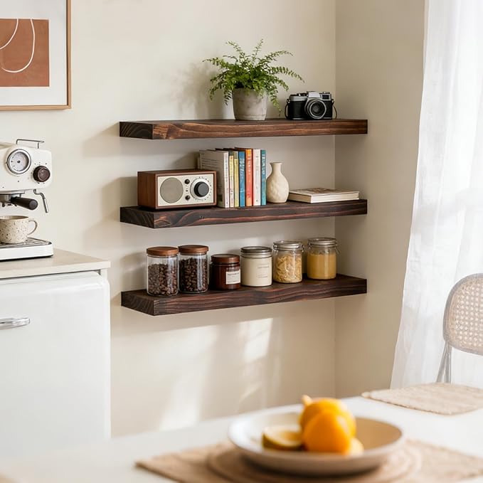 Floating Wall Shelves 24x6.8x1.7 Inch – Solid Wood Rustic Shelves in Walnut Finish – Wall Mounted Display Shelf for Bathroom,