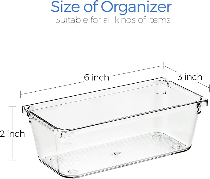 Ravinte 6 Pack Drawer Organizer - 3" X 6" Plastic Storage Bins, Acrylic Organizers with Non-Slip Pads Clear Desk Storage Tray